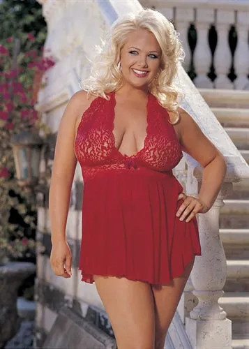 Male Sex Toys Shirley of Hollywood HOT Stretch Mesh and Lace Baby Doll With Bow Queen Size Red